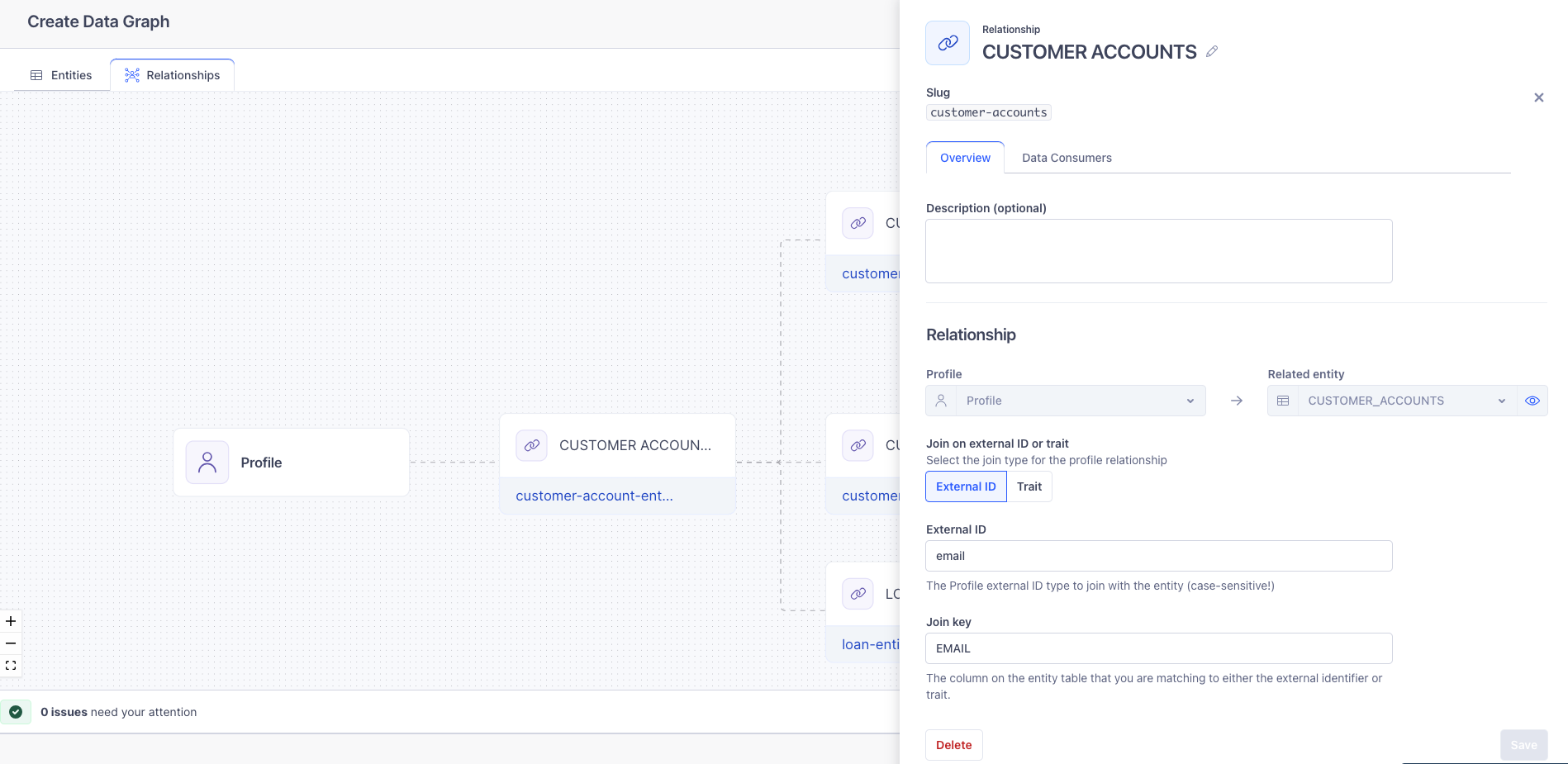 The Customer Accounts Relationship side screen when adding a relationship in the Data Graph